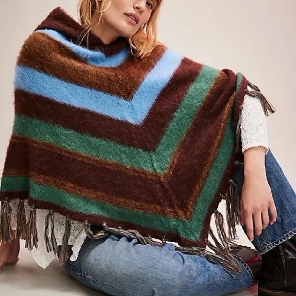 Free People Striped Hooded Poncho Fall Fringe